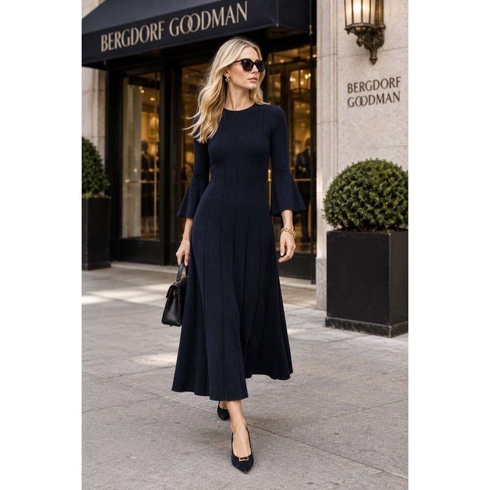 BOSS Hugo Boss Navy Ribbed Knit Midi Dress M Bell Sleeve Fit Flare Quiet Luxury